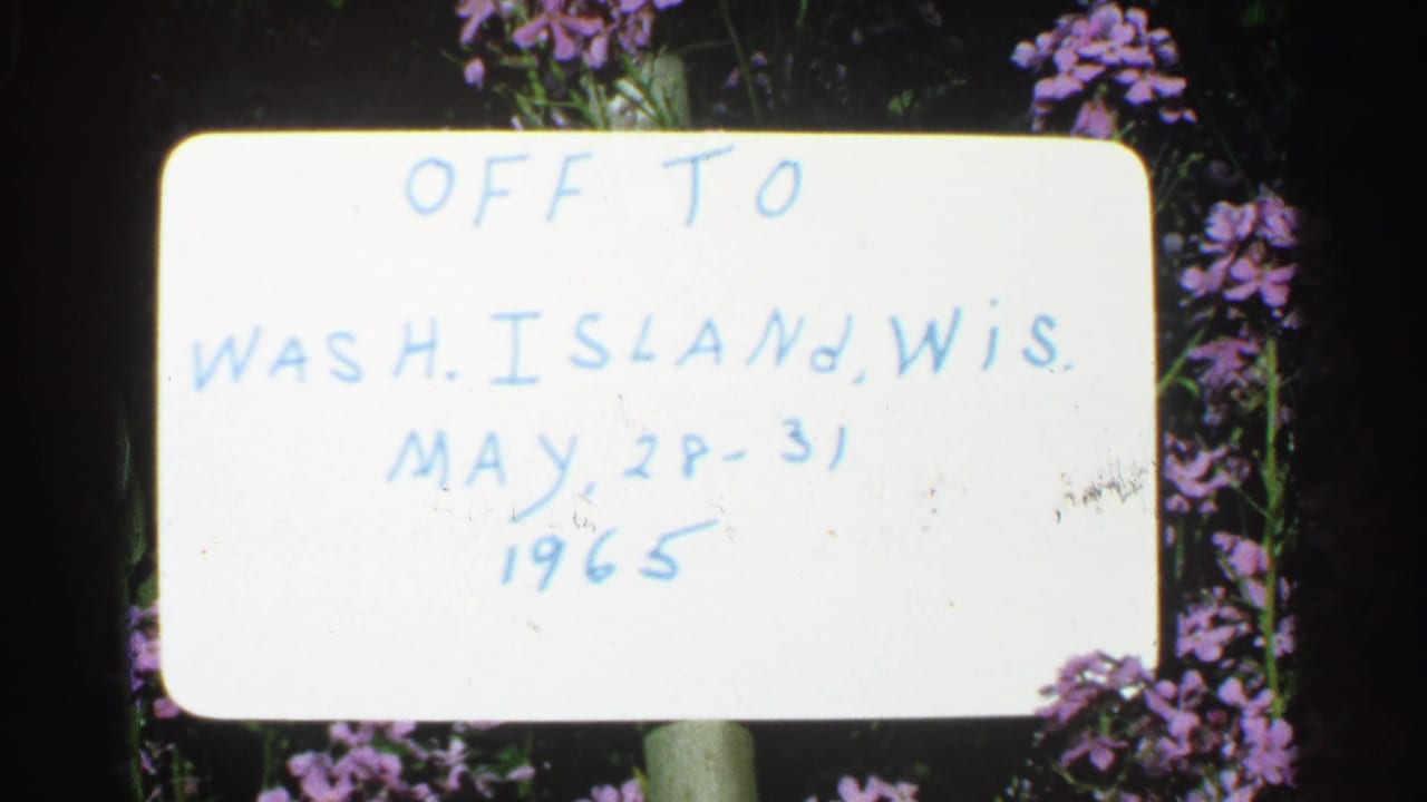 White handwritten travel sign for Washington Island, Wisconsin, dated May 28-31, 1965, framed by purple flowers.