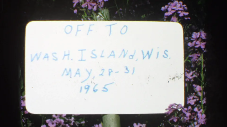 White handwritten travel sign for Washington Island, Wisconsin, dated May 28-31, 1965, framed by purple flowers.