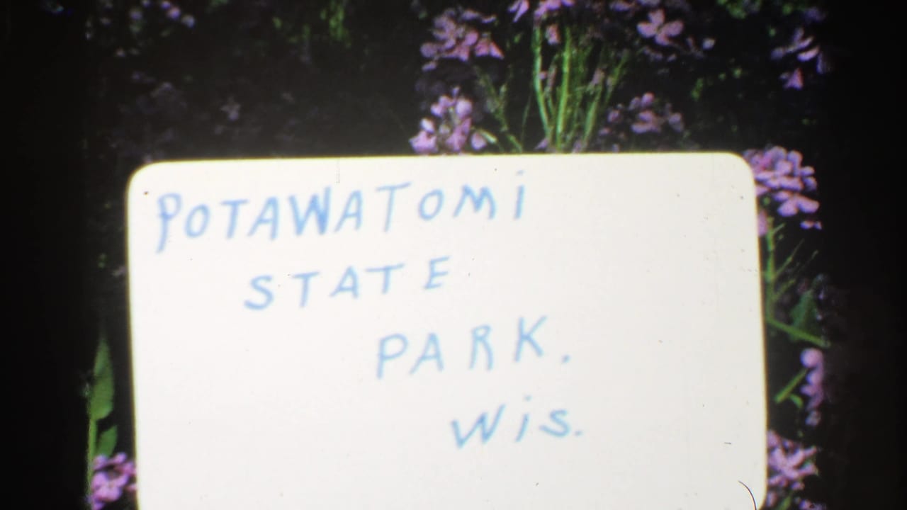 1964 8mm home-movie title card reading Potawatomi State Park, Wis., filmed against purple flowers and green foliage.