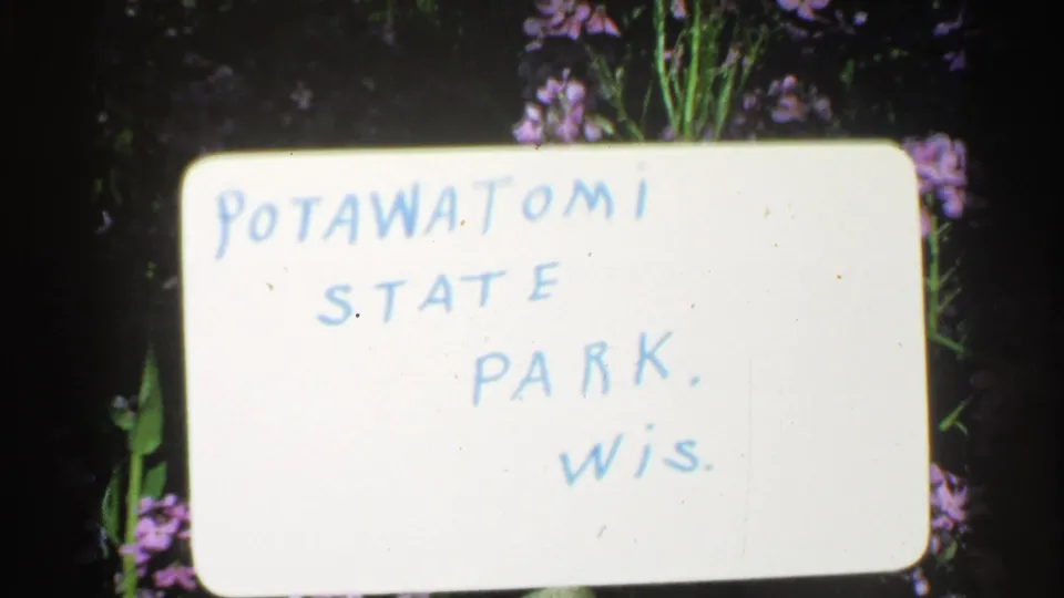1964 home-movie card identifying Potawatomi State Park, Wis., shown in close-up with flowers and foliage around the edges.
