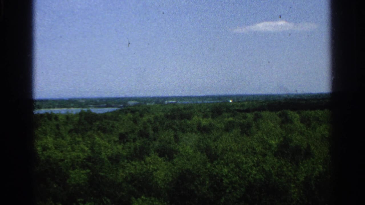 Washington Island home-movie frame looking over dense green forest toward lake inlets and a low horizon under blue sky.