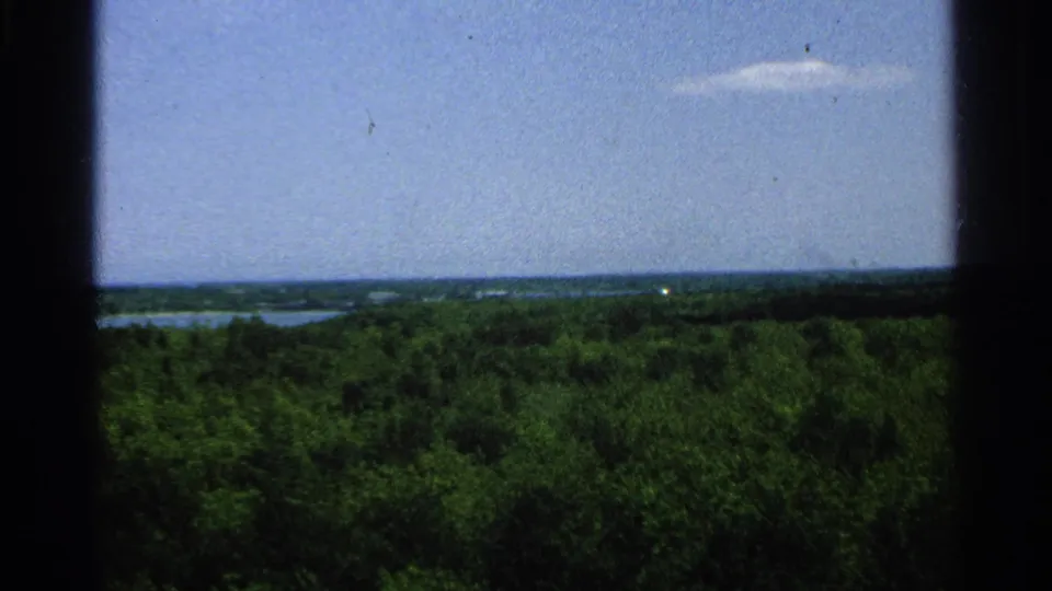 Washington Island home-movie frame looking over dense green forest toward lake inlets and a low horizon under blue sky.