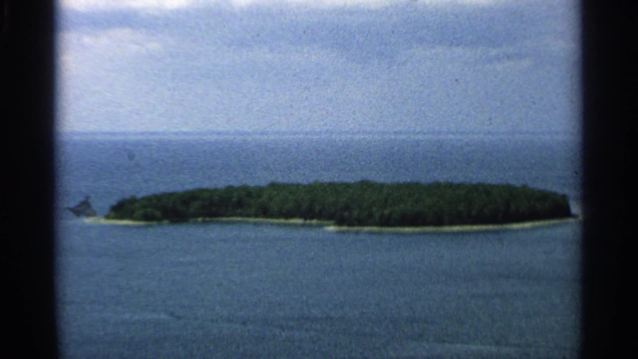 Wooded island surrounded by blue water beneath a pale sky.