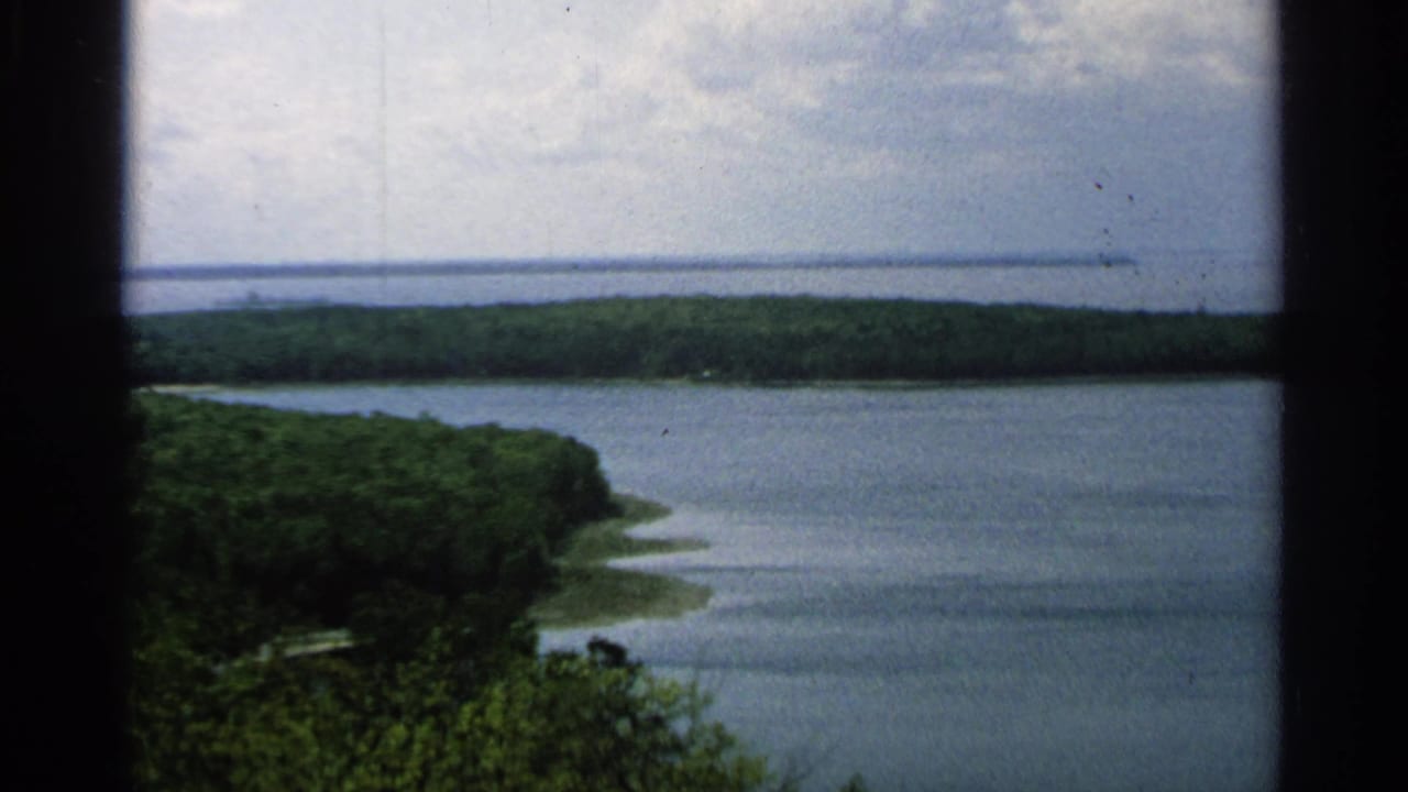 Water and wooded shoreline seen through dark vertical foreground edges.