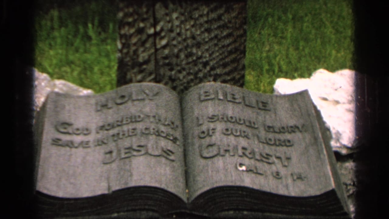Open-book headstone with HOLY BIBLE lettering in a grassy cemetery.