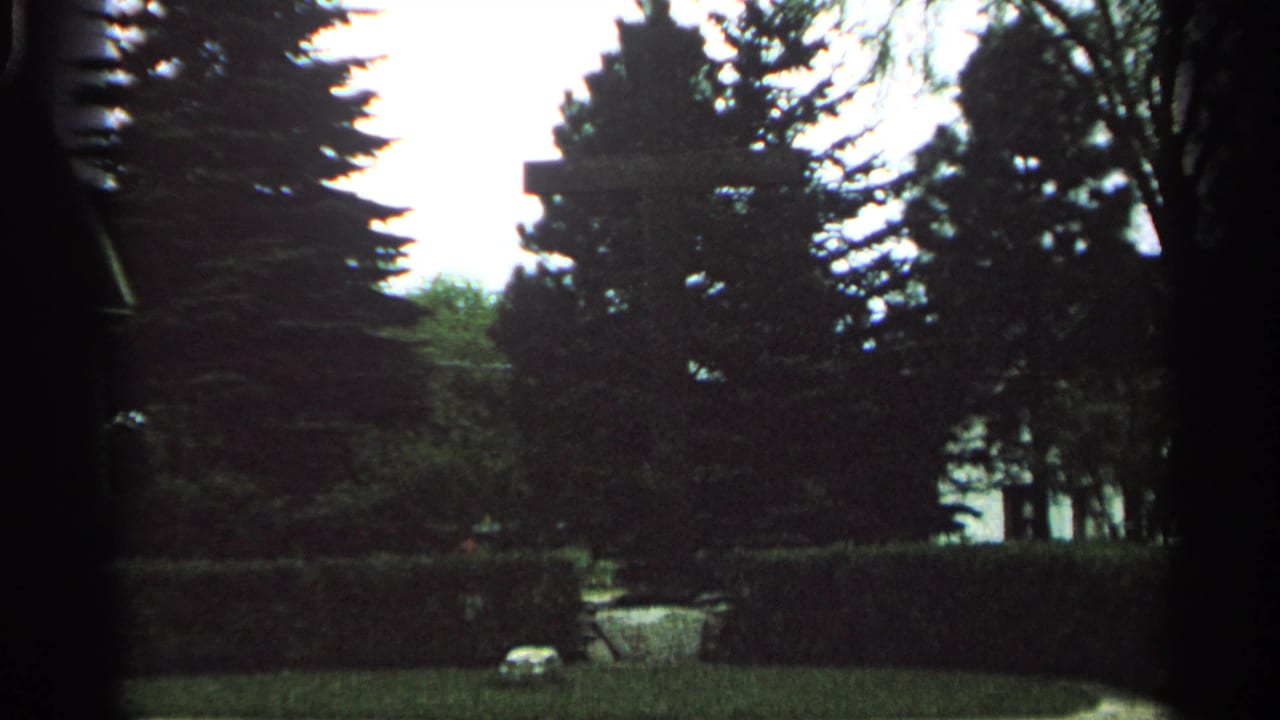 Tree-lined garden with hedge, grass, bright sky, and a small pale marker near a path.