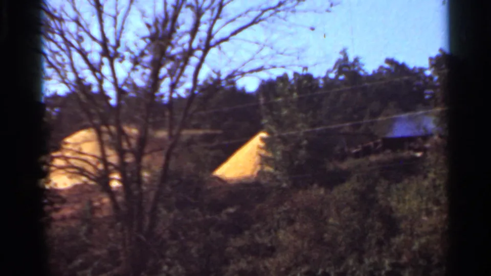 1965 Arkansas rural landscape with a golden haystack, bare tree branches, shrubs, blue sky, and distant structures.