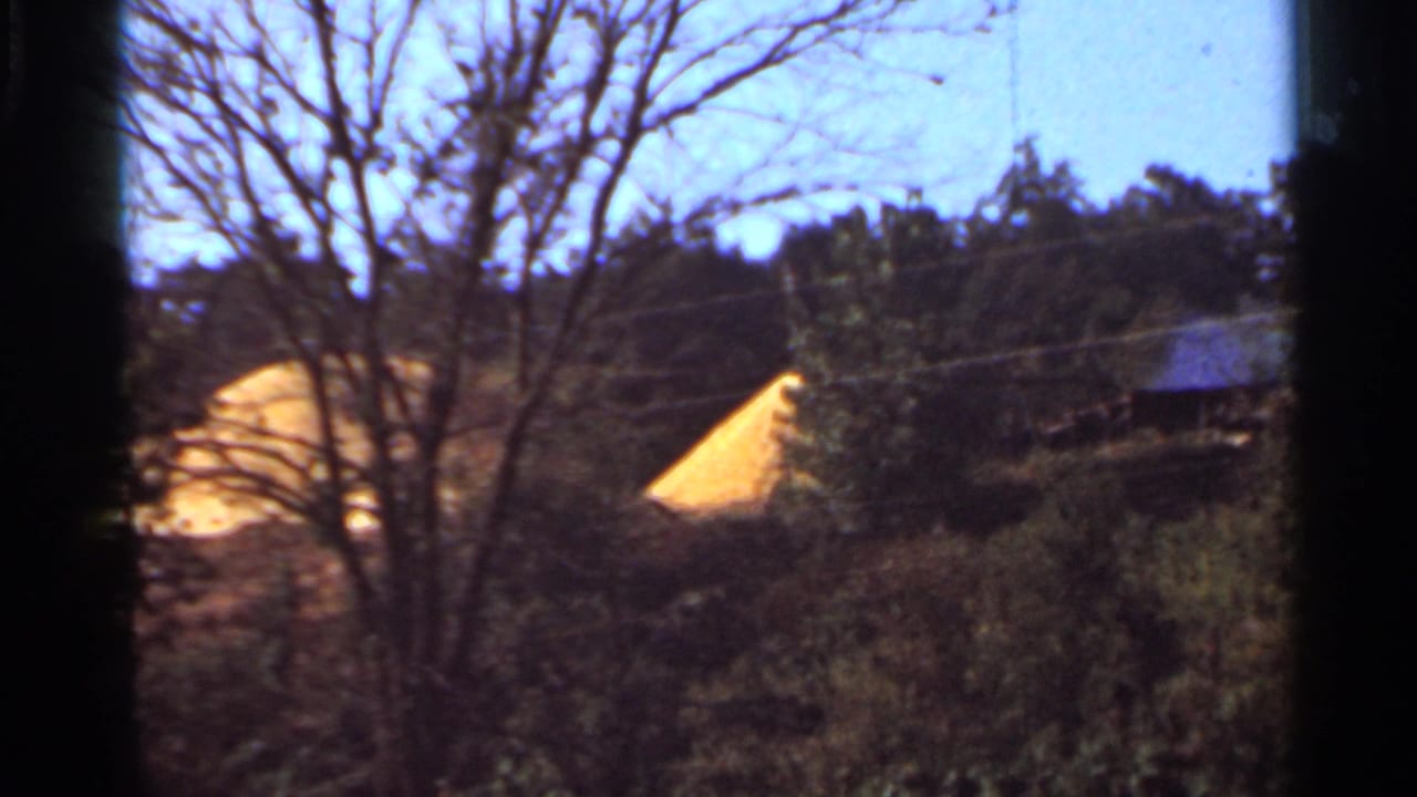 1965 Arkansas 8mm frame showing bare branches, utility lines, and yellow-roofed structures seen across a rural hillside.