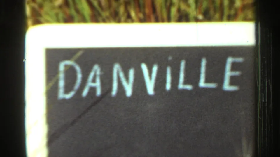 Handwritten DANVILLE place label in 1965 8mm footage, confirming the Arkansas location noted in the clip metadata.