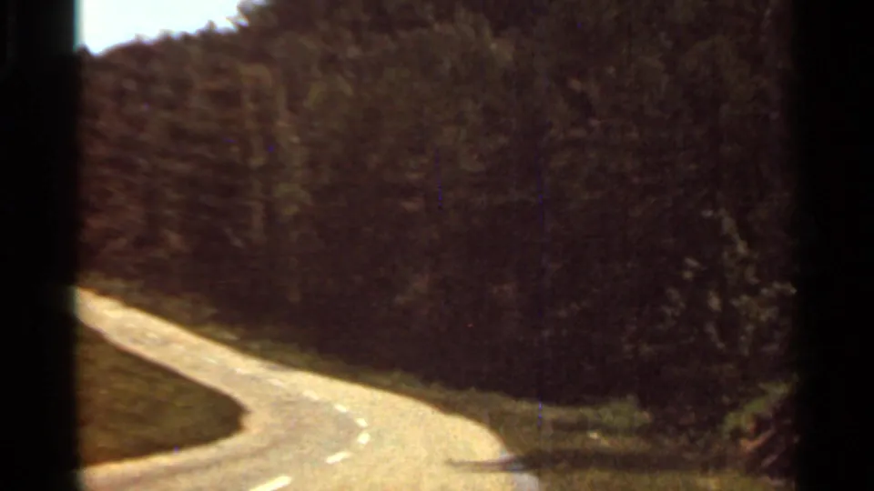 1965 Arkansas 8mm frame showing a pale winding road bordered by dense forest and a grassy verge.