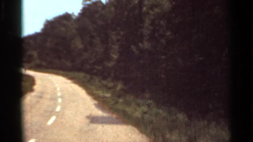 Moving 8mm view of a 1965 Arkansas rural road curving through wooded roadside growth with soft focus and grain.