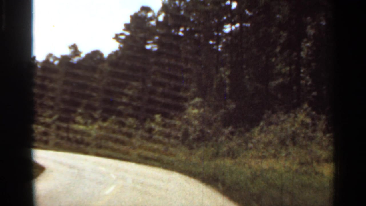 Passenger-view 8mm frame of a road bending through a wooded Arkansas area, with trees and brush lining the shoulder.