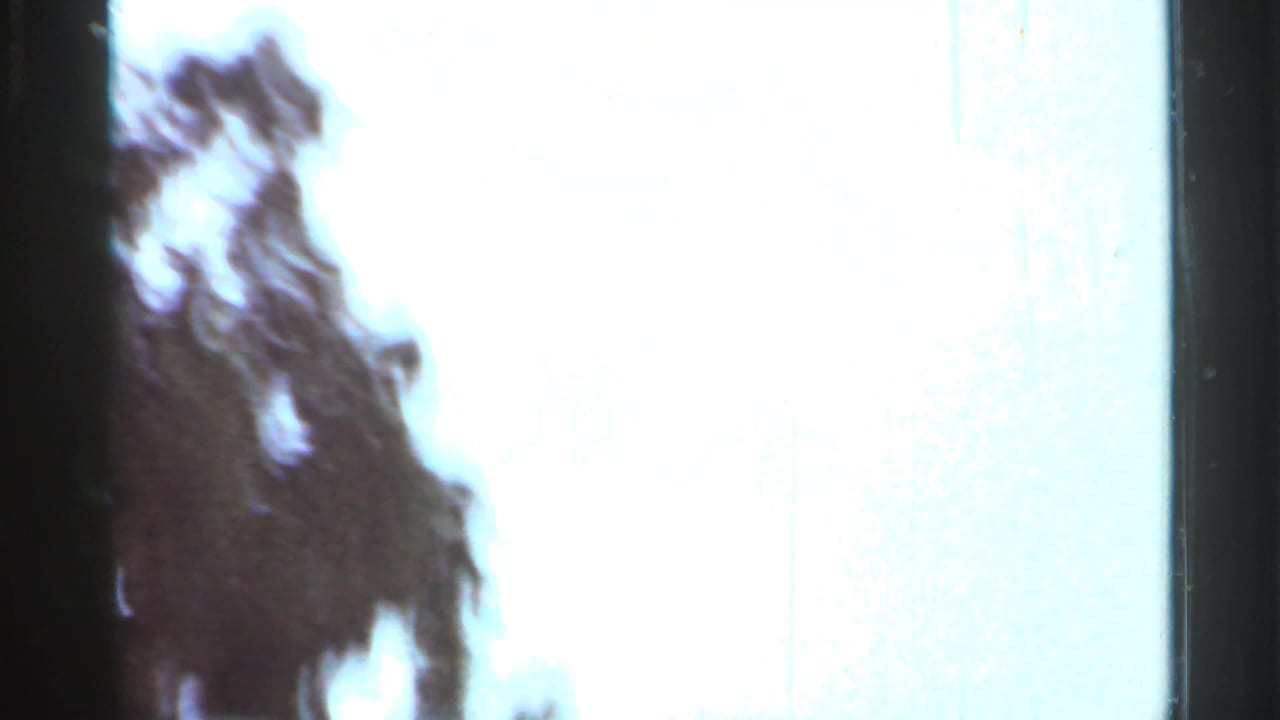 Arkansas 1965 home-movie frame showing a washed-out section of a park display or sign with dark shapes along the left edge.