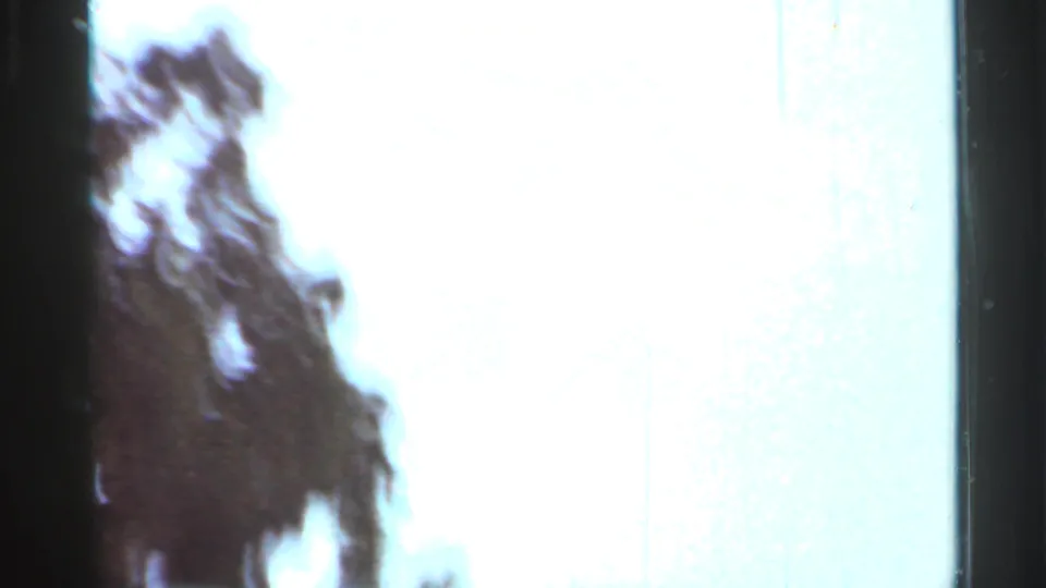 Arkansas 1965 home-movie frame showing a washed-out section of a park display or sign with dark shapes along the left edge.