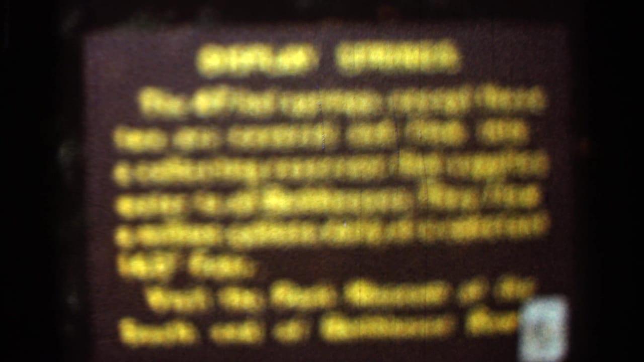 1965 Arkansas 8mm frame showing a soft-focus yellow text sign, likely introducing a natural spring or site.