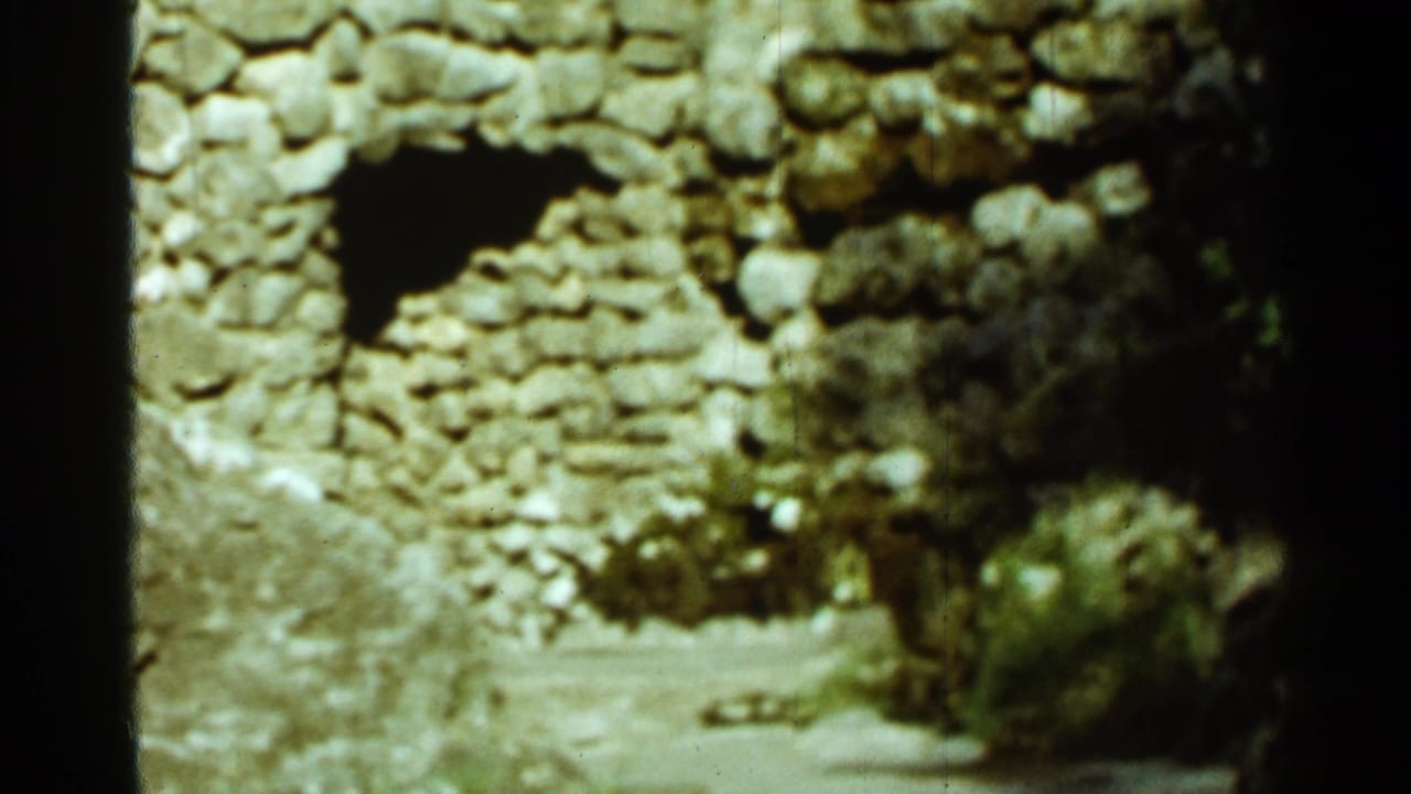 Mossy stone wall with a dark arched opening and rocky ground in sunlight.