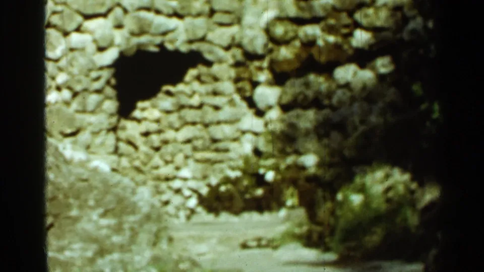 1965 Arkansas 8mm frame showing weathered stonework, moss, foliage, and a dark arched opening in a sunlit outdoor setting.