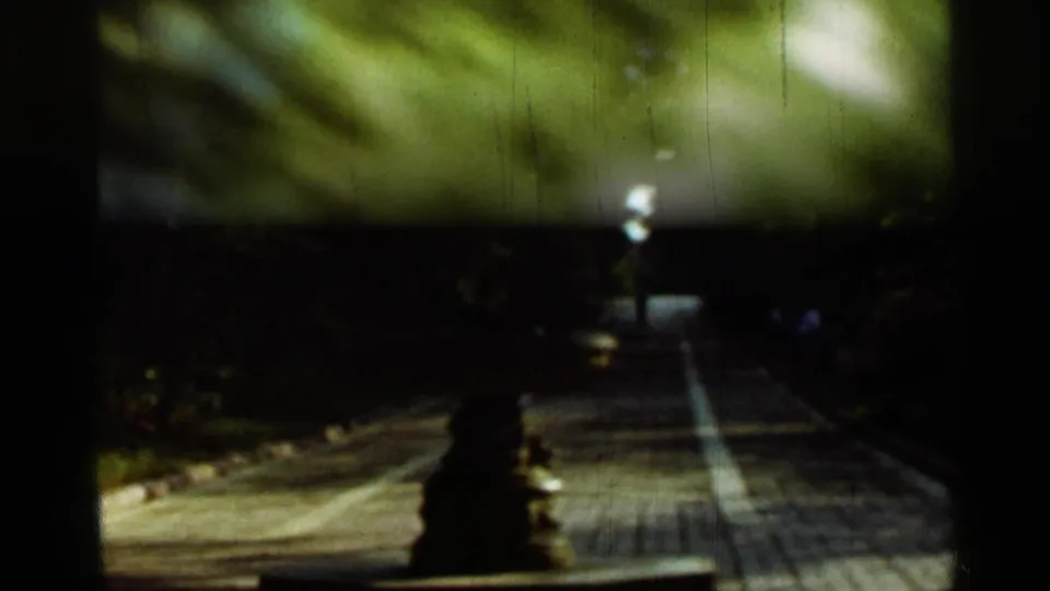 1965 Arkansas home-movie view down a shaded paved walkway with a small stone fountain or post near the center foreground.