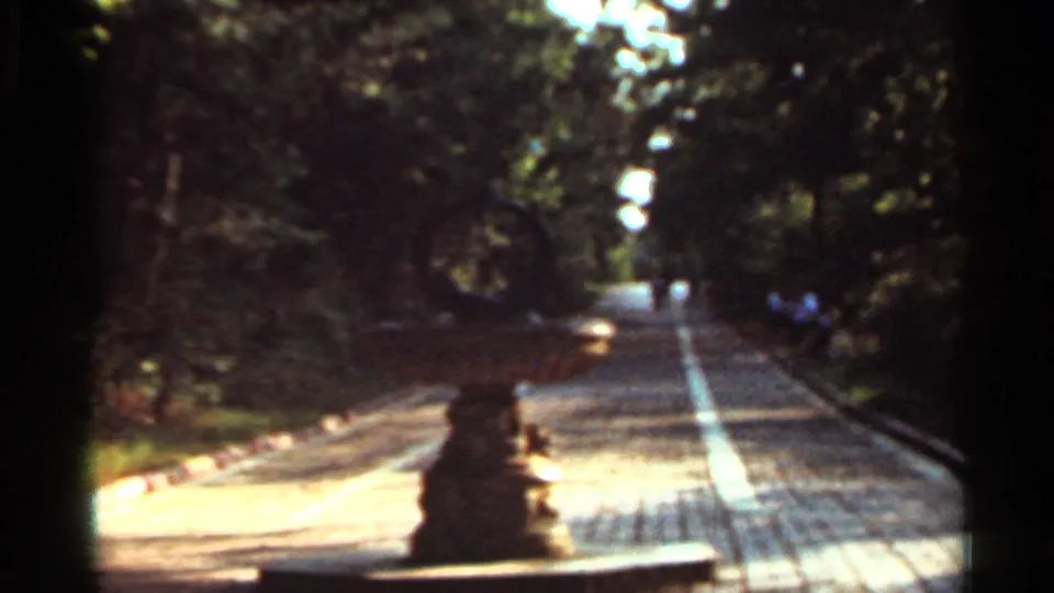 1965 Arkansas home-movie frame showing a sunlit tree-lined walkway, a small stone feature in front, and indistinct pedestrians far away.