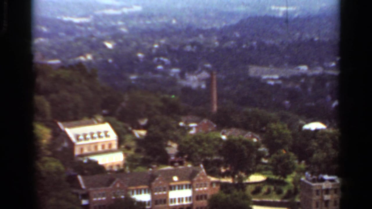 Elevated town view with trees, houses, brick buildings, and a distant skyline.