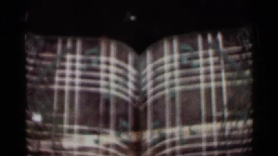 Final 1965 8mm frame shifts from the exterior view to a close, soft view of plaid fabric near the camera.