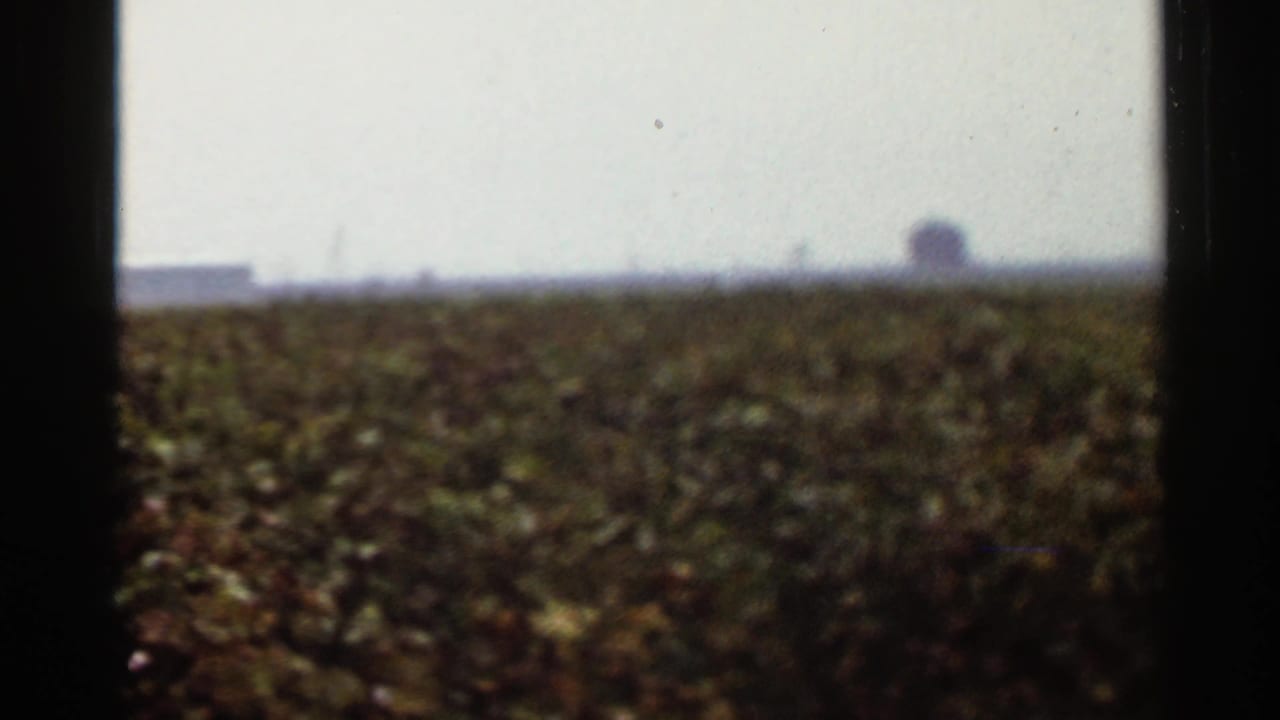 1960s 8mm-style view of a broad field near the St. Louis, Missouri sequence, with a pale sky and distant horizon forms.