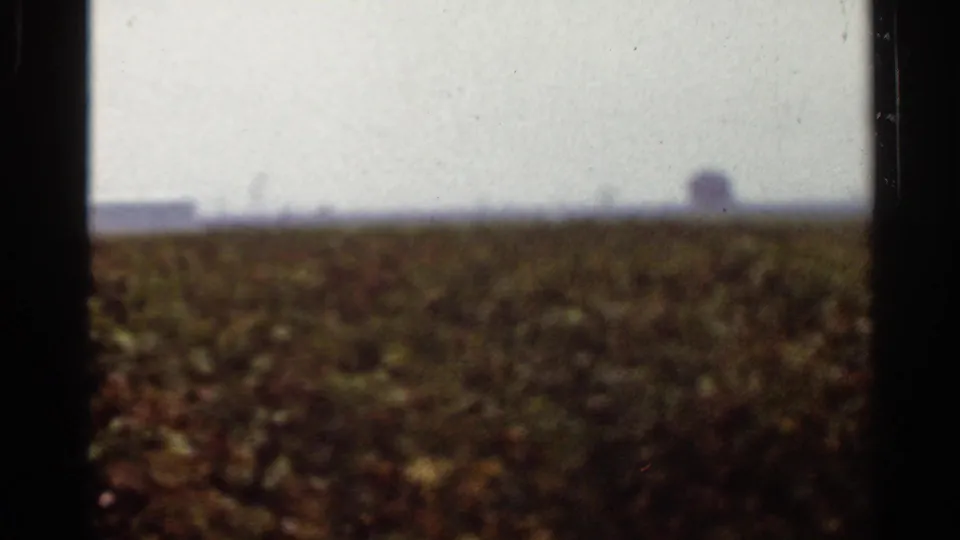 Labeled St. Louis, Missouri reel frame showing a textured field, pale sky, and distant water tower-like shape in soft focus.