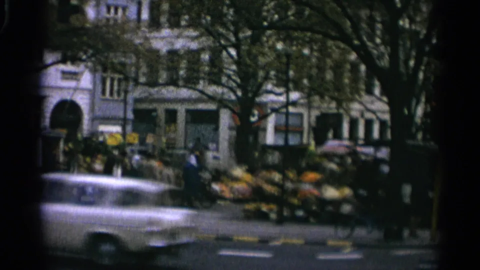 A light-colored car drives past a Copenhagen outdoor market, with produce displays, pedestrians, trees, and building fronts behind it.