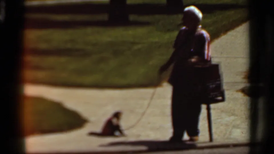 Out-of-focus 1965 home-movie frame showing a person standing beside a walkway and holding a leash attached to a small animal, with grass and pavement in the background.