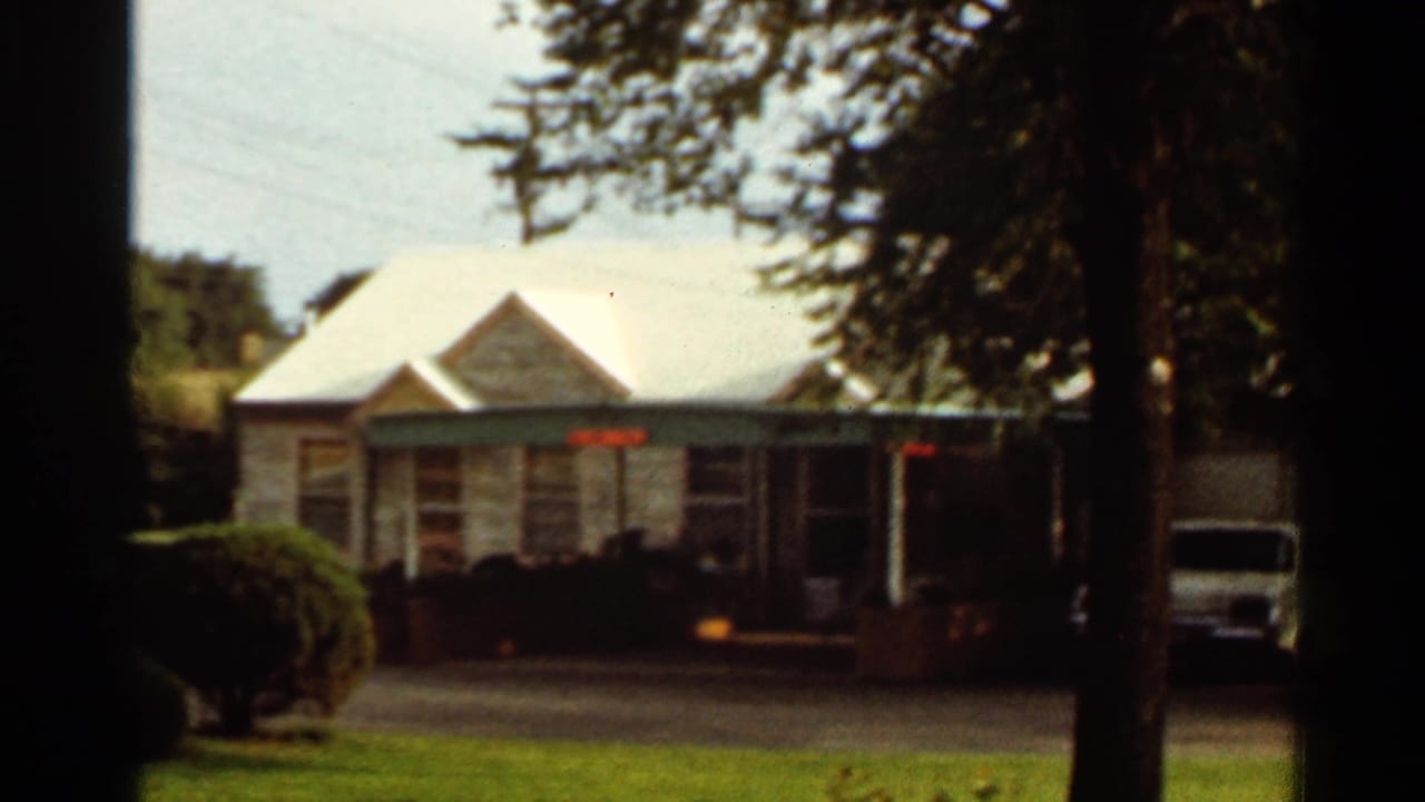 Stone house and lawn seen through trees, with a covered porch and driveway area.