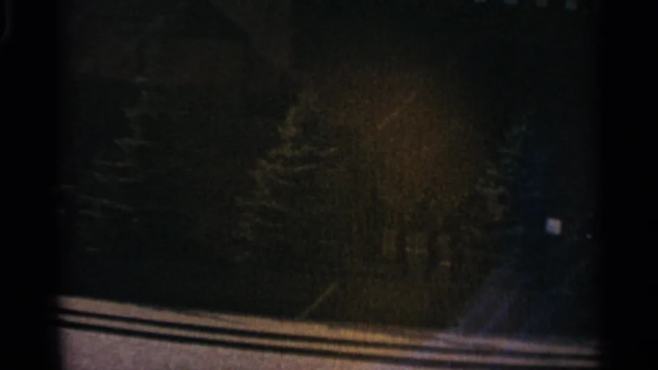 Dim 8mm view that appears to show trees or shrubs beside a paved area, with details obscured by underexposure.