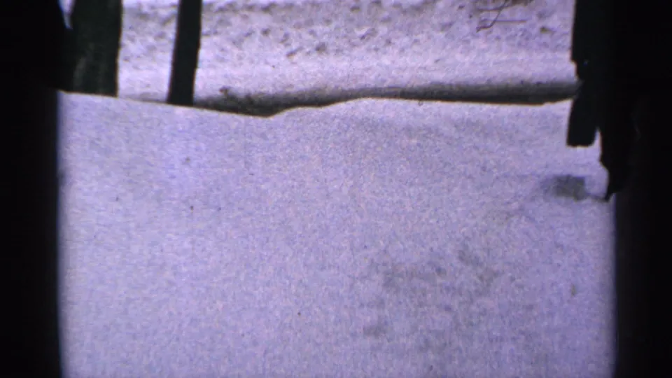 Lower portion of the 1965 Minnesota snow scene, showing ground, dark vertical elements, and the edge of the date sign.