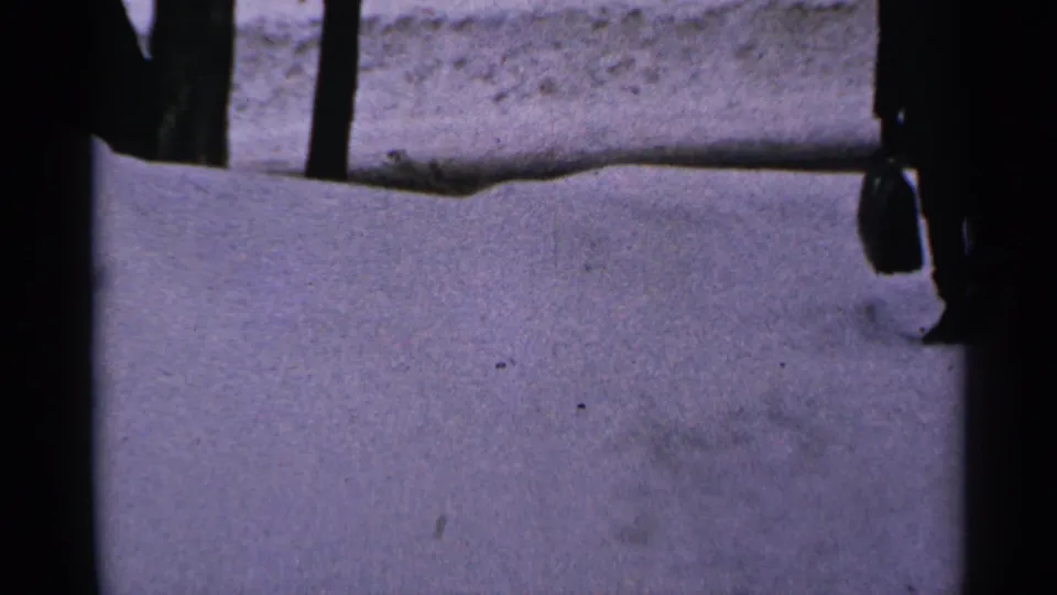 Final 8mm frame of the snowy Minnesota date-marker scene, with sign edge, ground, and dark posts or trunks visible.
