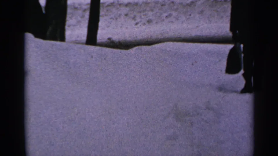 1965 Minnesota 8mm frame showing deep snow, dark tree trunks, and a partial dark-coated figure at the edge of a residential yard.