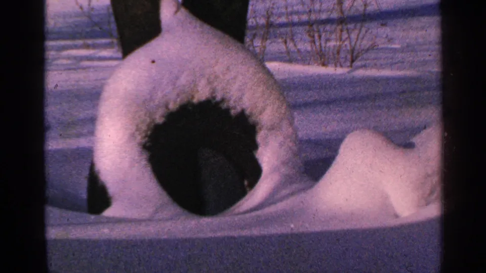Closer 8mm view of a snow-covered outdoor object, likely a bird shelter or feeder area, in a snowy Minnesota yard.