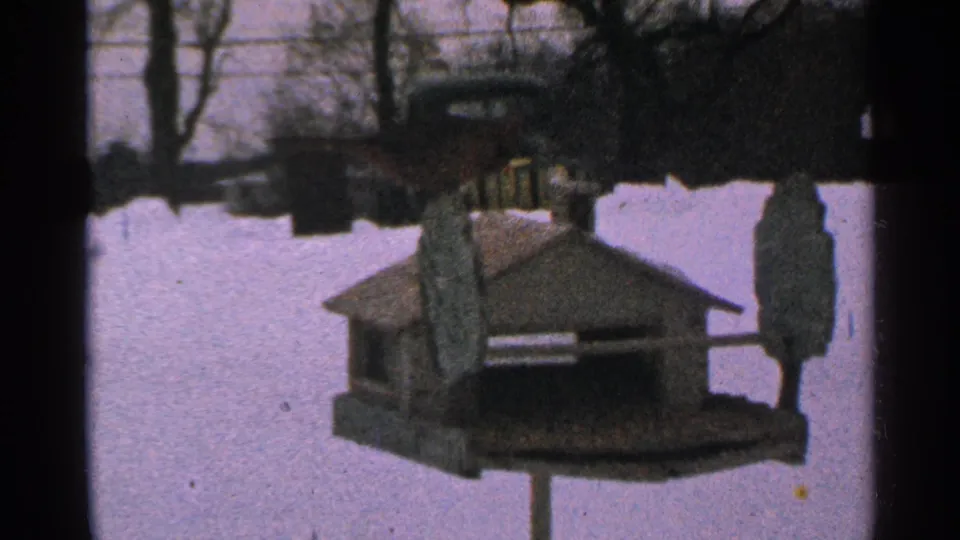 1965 Minnesota 8mm frame showing a blue bird feeder above snow, with bare trees and distant houses in the background.