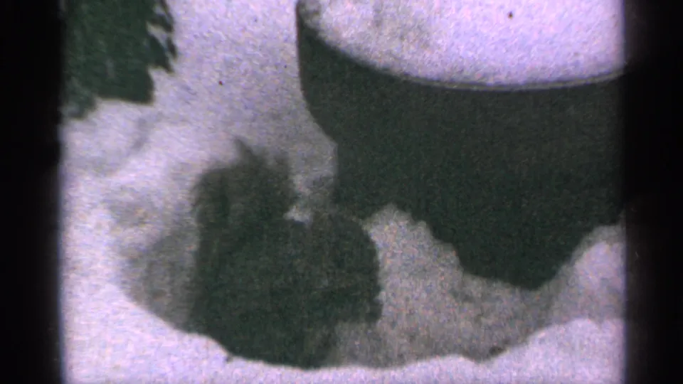 The squirrel remains in the snowy foreground near the dark object, captured in soft, grainy 8mm home-movie footage from Minnesota in 1965.