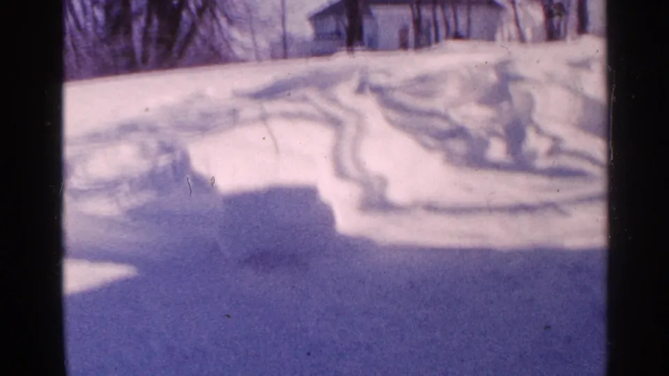 A snow-covered Minnesota yard appears through dark foreground framing, with bare trees and deep snow visible in the distance.