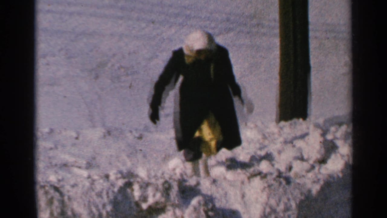 Woman in a dark coat trudges through snow beside a vertical post.