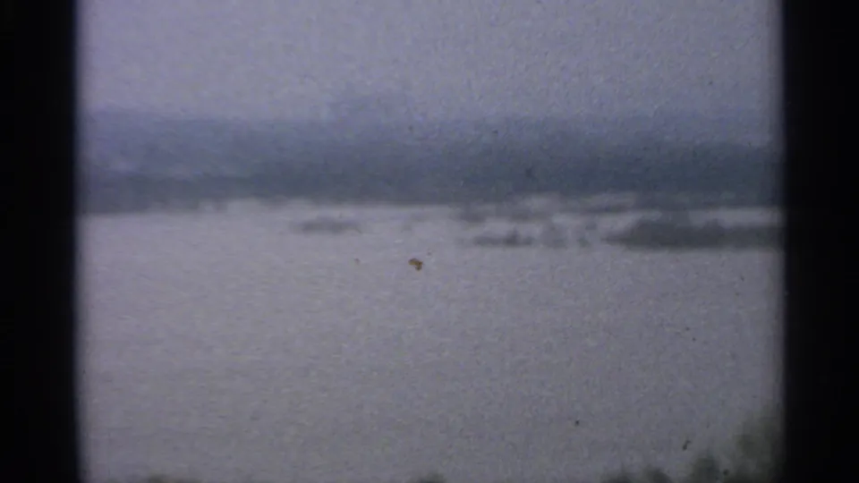Overcast Minnesota-context water landscape in soft 8mm footage, showing distant landforms and dark foreground vegetation.
