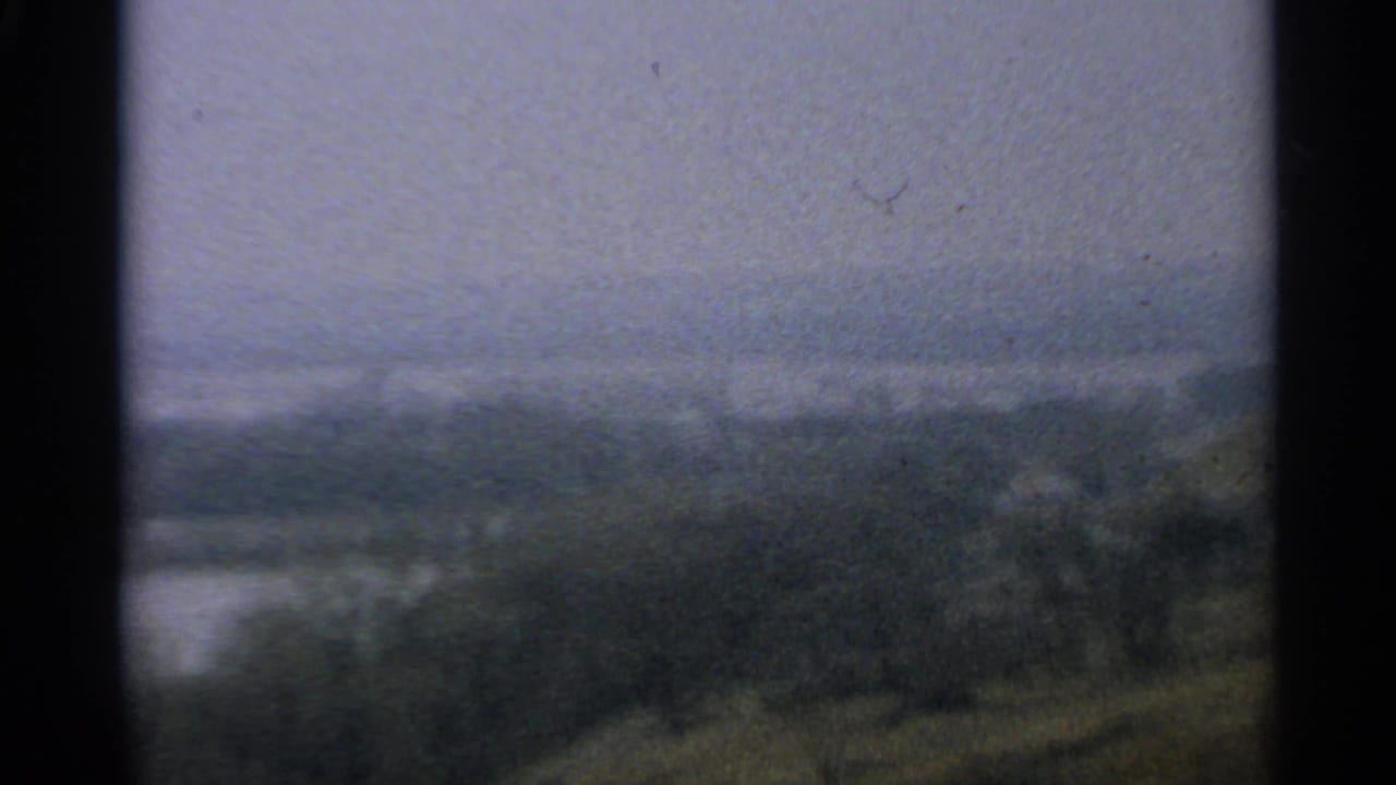 Hazy river valley and forested shoreline seen through dark 8mm frame edges.