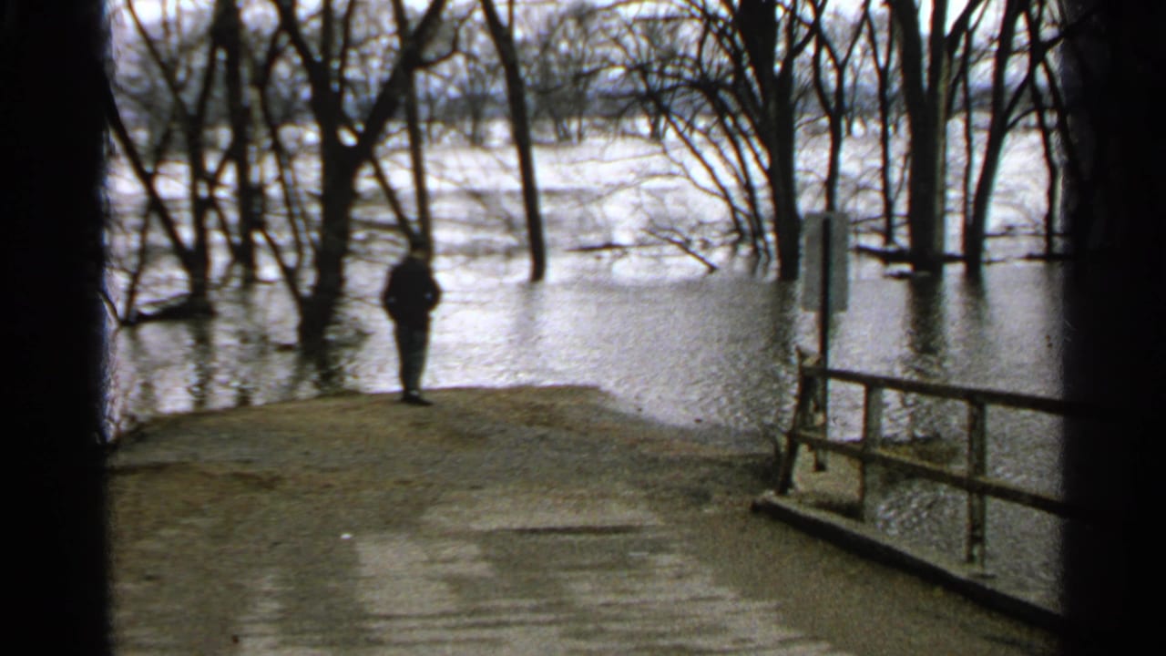 1965 Minnesota 8mm frame of a distant man standing by a flooded wooded area on an overcast morning.