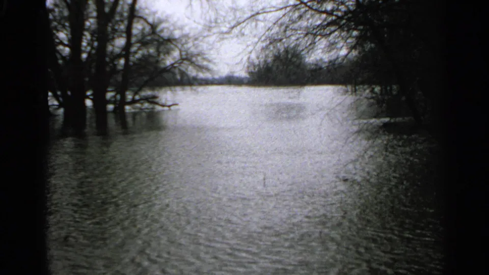 1965 Minnesota 8mm view across still floodwater, with bare trees rising from the flooded ground.