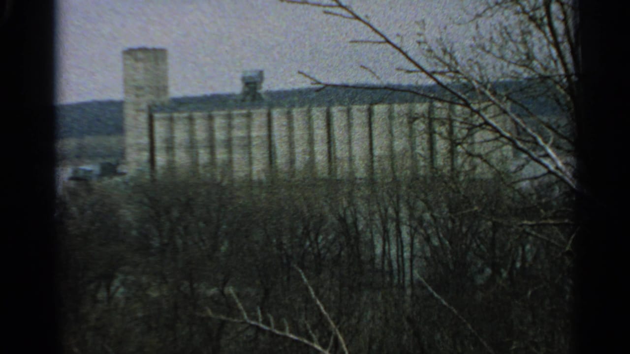 Tall silo-like building beyond leafless woods under a pale sky.