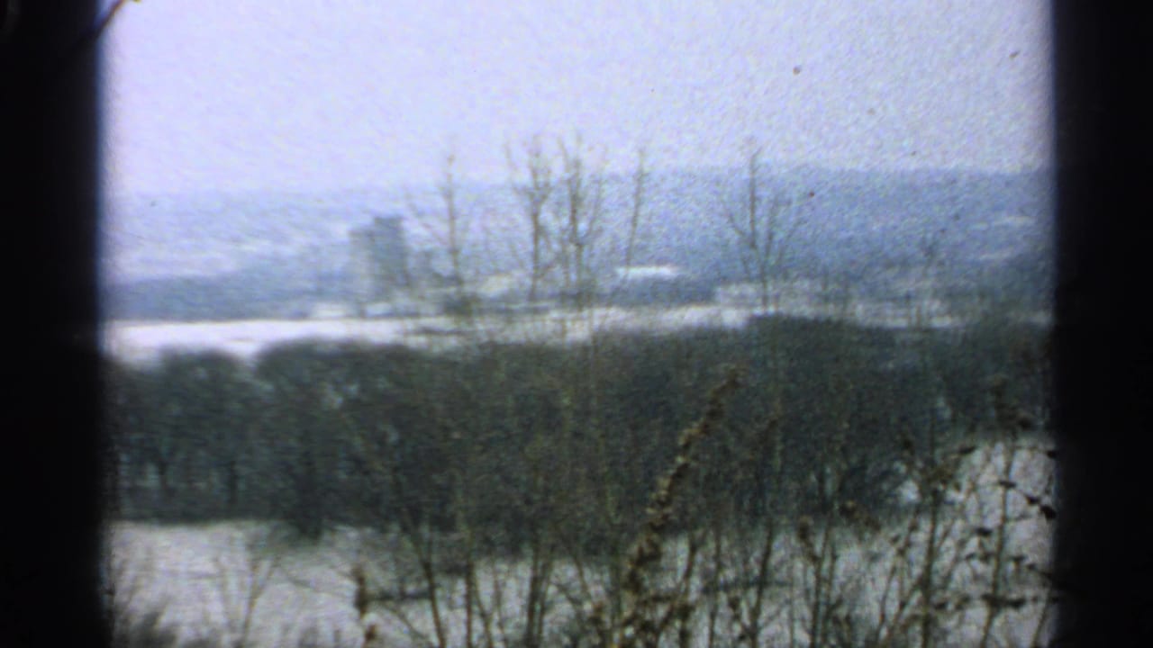 1965 Minnesota 8mm frame showing water, brush, leafless trees, and a hazy distant skyline under overcast light.