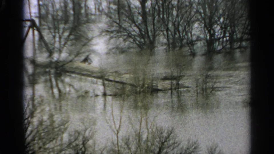 A closer 8mm view shows high water around bare trees and brush, with pale reflections under cloudy Minnesota light.