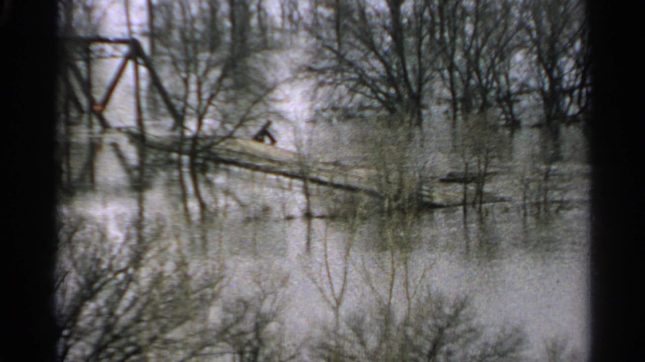 Flooded wooded river scene with a small distant figure on a narrow plank bridge.