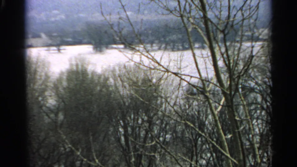 1965 Minnesota winter landscape with bare branches, snow-covered ground, low hills, and soft 8mm film grain.