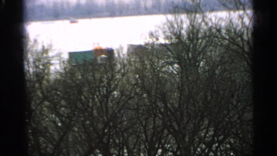 Minnesota 1965 home-movie frame with bright snow beyond leafless trees and a dark vertical film border or obstruction near center.