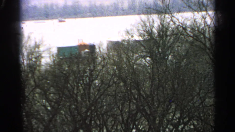 1965 Minnesota 8mm frame showing dense leafless trees in the foreground and a bright snowy background with a small distant structure.